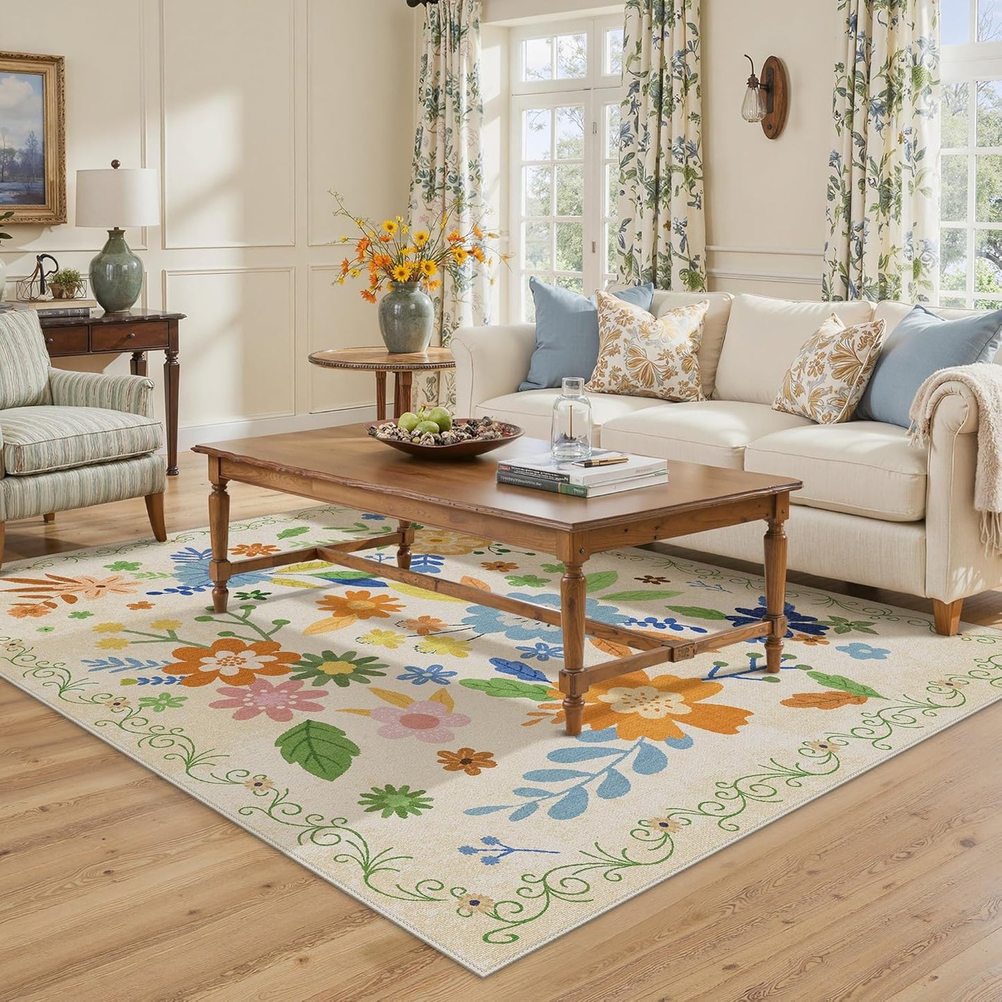 GENIMO Indoor Outdoor Area Rug 5' X 7' Waterproof, Washable Door Mat Non Shedding, Easy Cleaning Floral Outdoor Carpet for Patio, Entryway, Porch, Bathroom, Living Room, Bedroom, Backyard