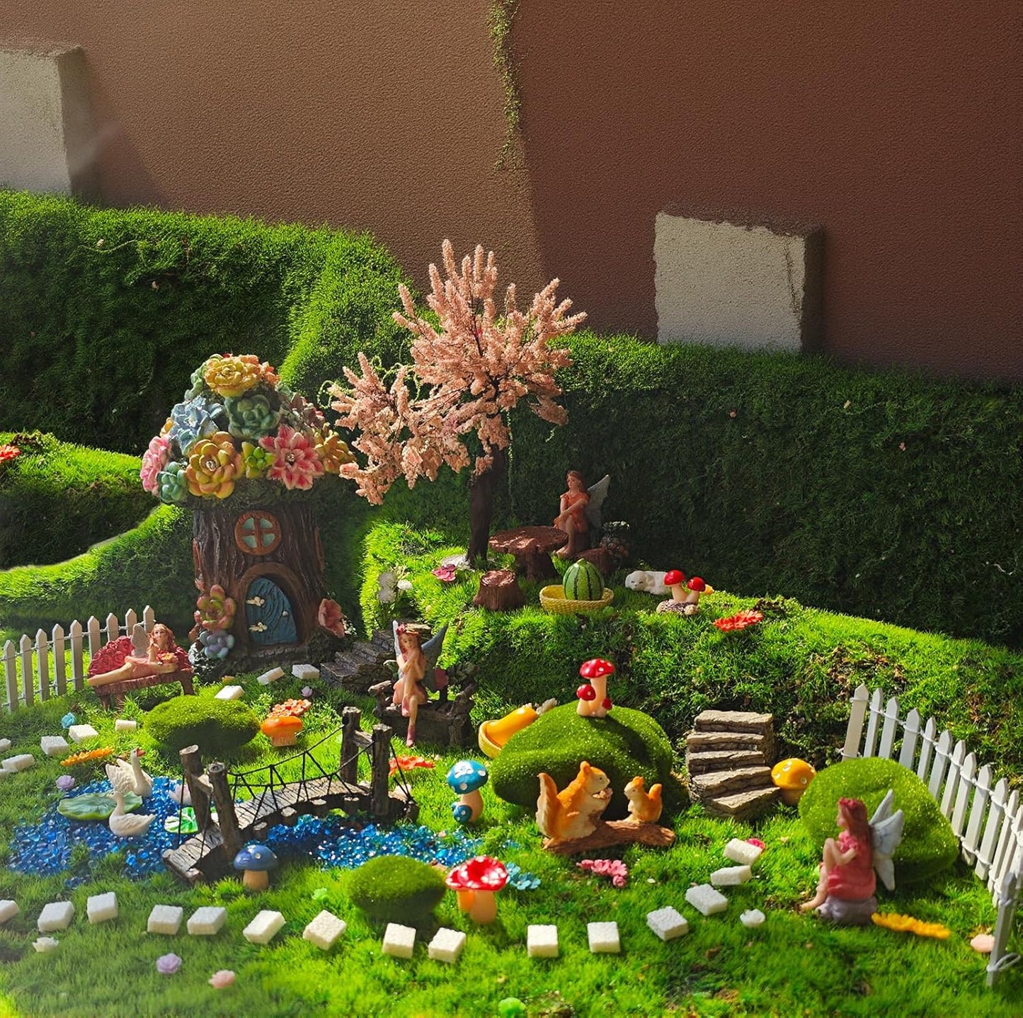 Kai Dream Fairy Garden Accessories, Fairy Garden Kit, 118 Pieces of Miniature Decor: Mushrooms, Bridge, Steps, Moss, Furniture Figurines, Fake Fence, Flowers, and Blue Crystal Gravel