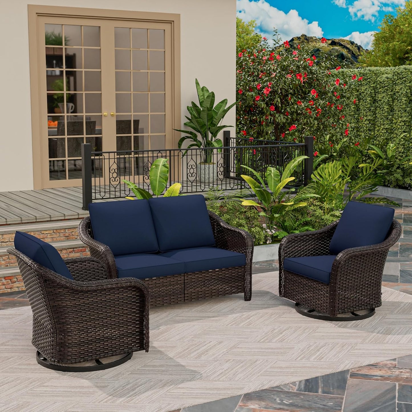 3 Piece Patio Wicker Conversation Set, All-Weather Use Outdoor Wicker Loveseat with 2 PE Rattan 360 Swivel Chair, Ideal for Porch, Backyard, Balcony, Poolside, Blue