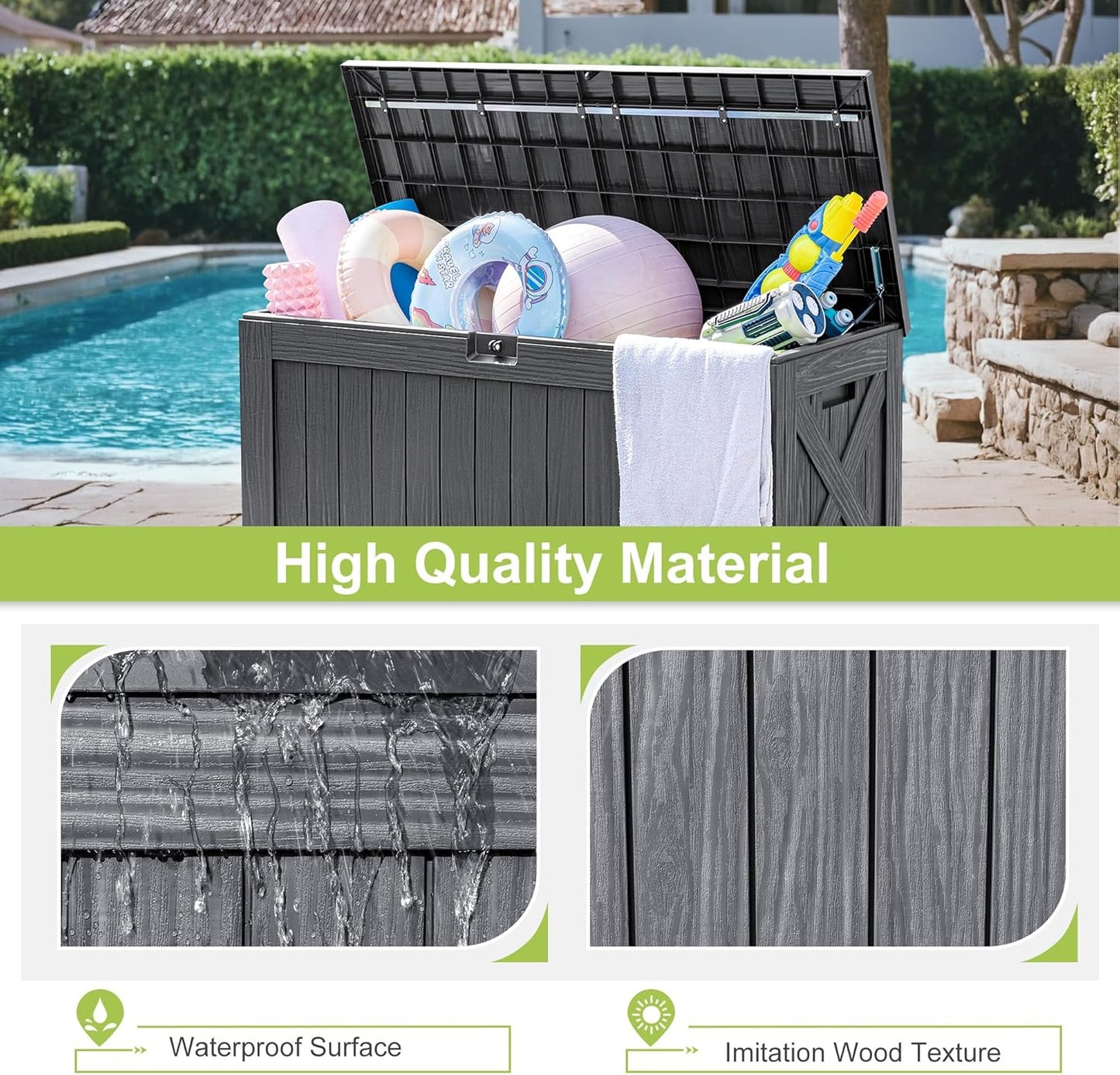 Greesum 120 Gallon Deck Box, Resin Outdoor Storage Container for Patio Furniture, Garden Tools, Pool Accessories, Weatherproof, Lockable, Gray