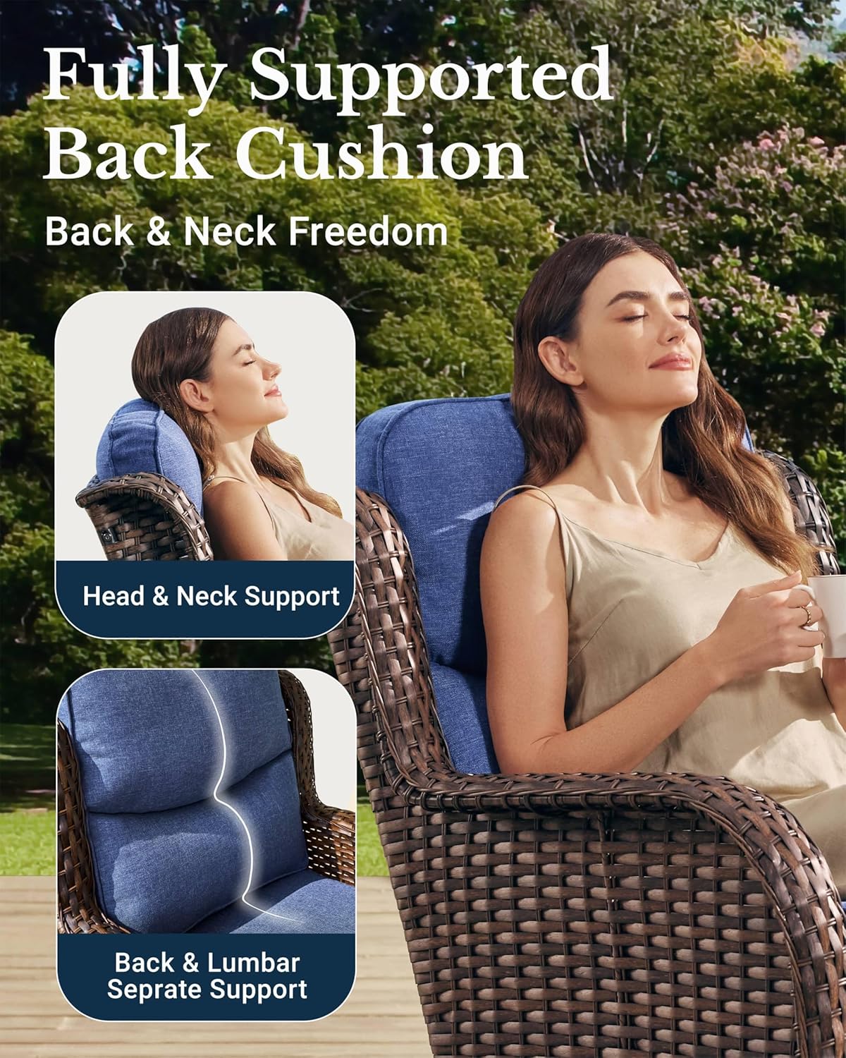 HILLGA Luxury Patio Furniture Set with 6-inch Thick Cushion, Outdoor Sectional Sofa and High Back Swivel Rocker Patio Chairs, 11PCS Wicker Conversation Set for Deck Yard and Poolside, Blue (V2)