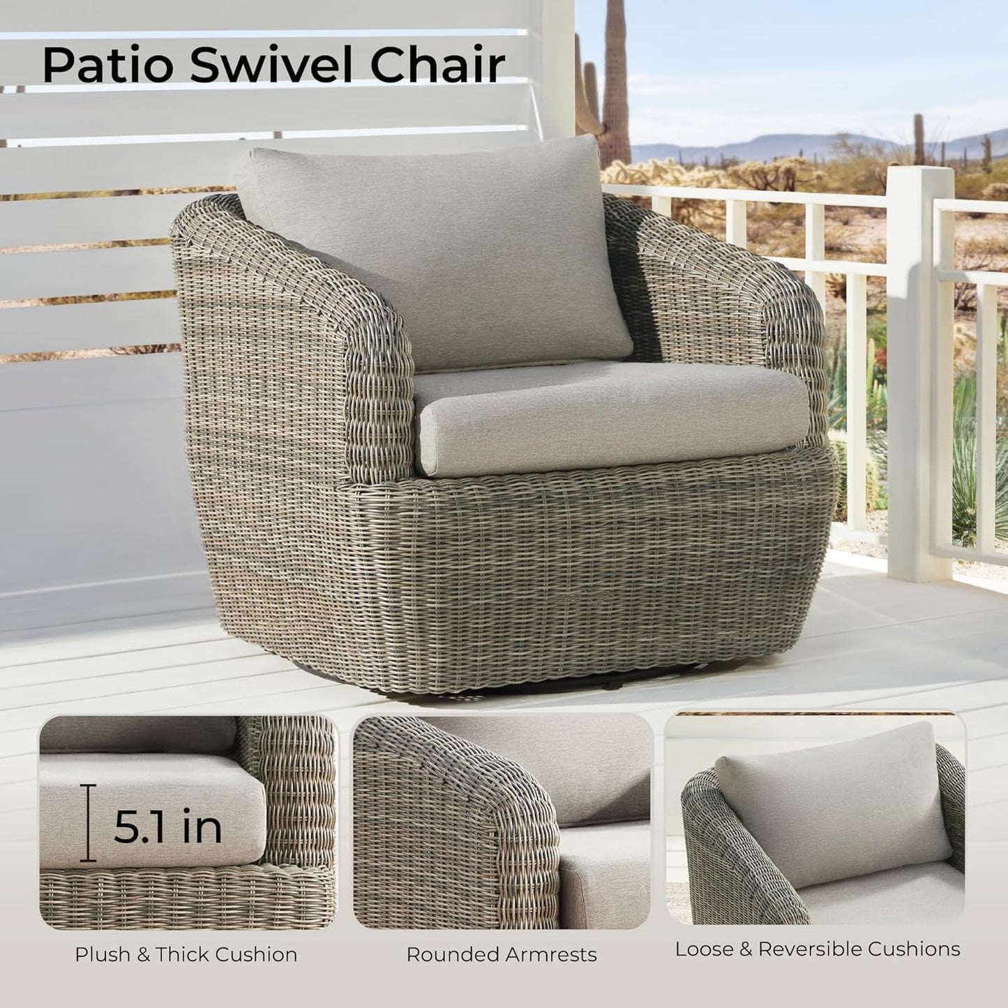 CHITA 5 Pieces Patio Wicker Furniture Set, Outdoor Rattan Bistro Set with Removable Thickened Cushions, Fully Assembled(Gray Cushions with Brownish Gray Wicker)