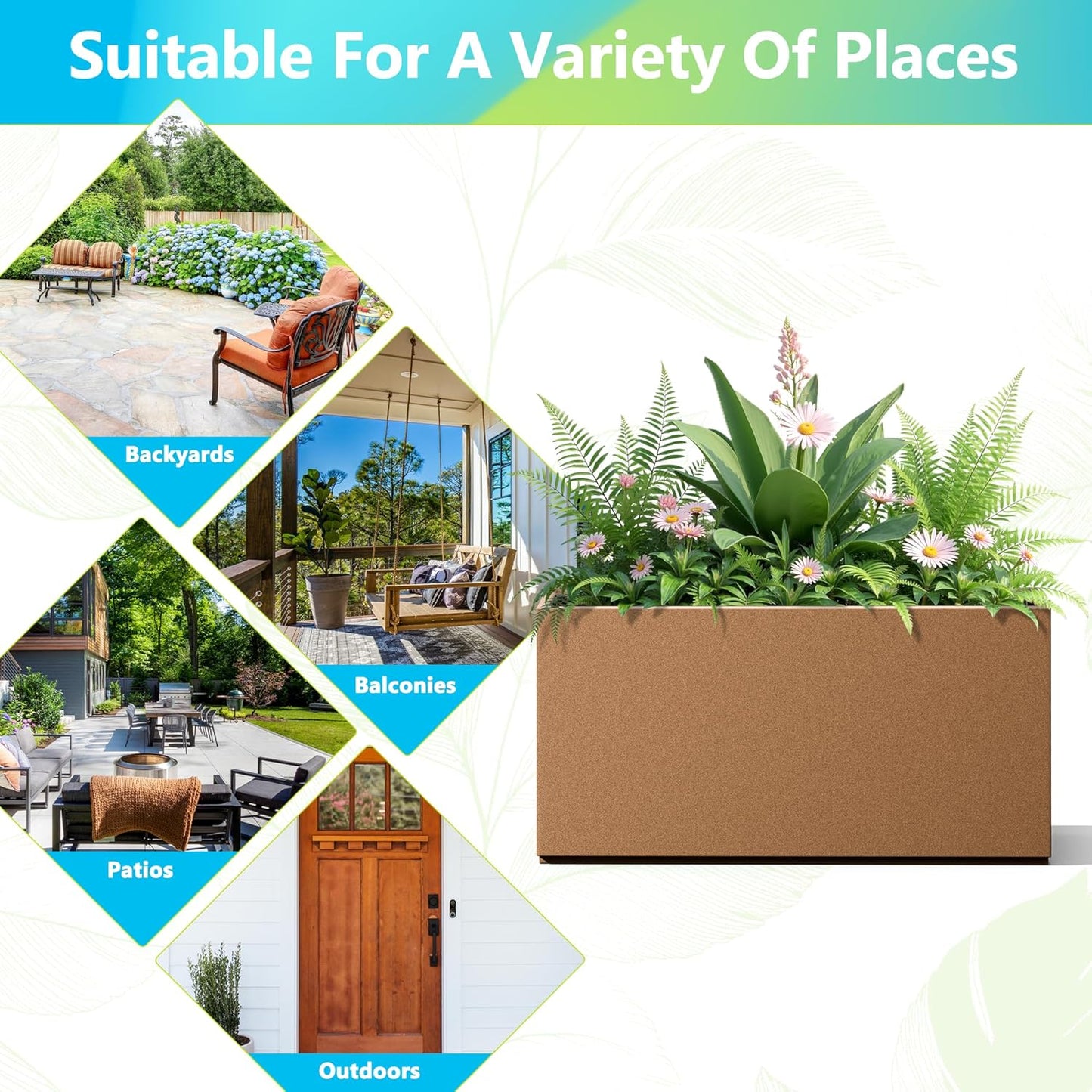 FENCY Metal Rectangular Planter Box, Large Planters for Outdoor Plants, Tall Planters for Outdoor Plants with Drainage Holes (32" L x 10" W x 16.3" H,Brown)