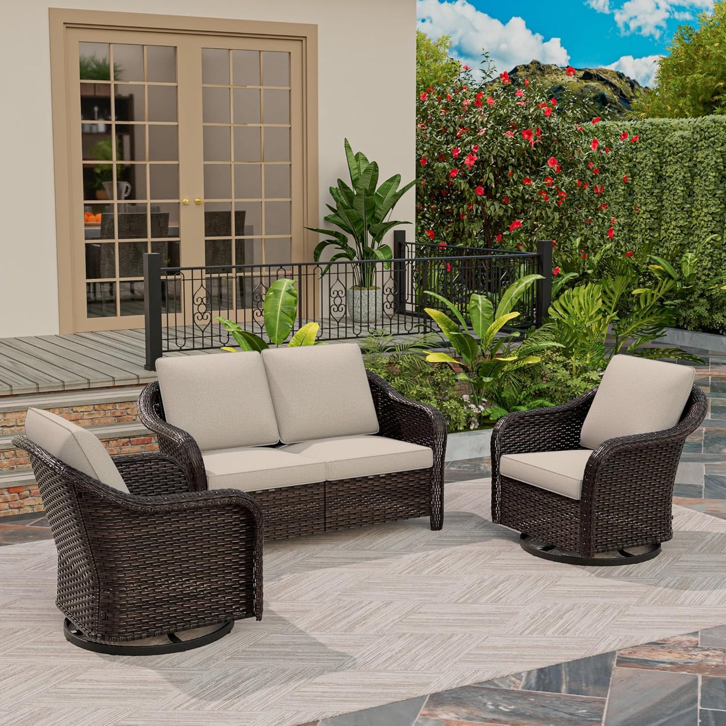 3 Piece Patio Wicker Conversation Set, All-Weather Use Outdoor Wicker Loveseat with 2 PE Rattan 360 Swivel Chair, Ideal for Porch, Backyard, Balcony, Poolside, Beige