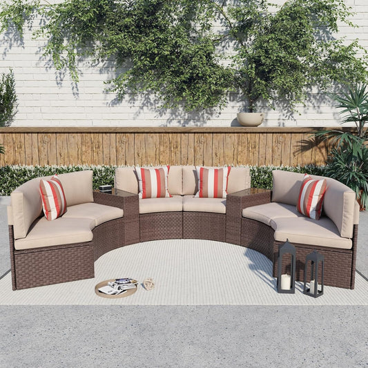 SUNSITT Outdoor Patio 8-Piece Half Moon Curved Furniture Sofa Set Brown Wicker Sectional Sofa Beige Cushions with 2 Side Table