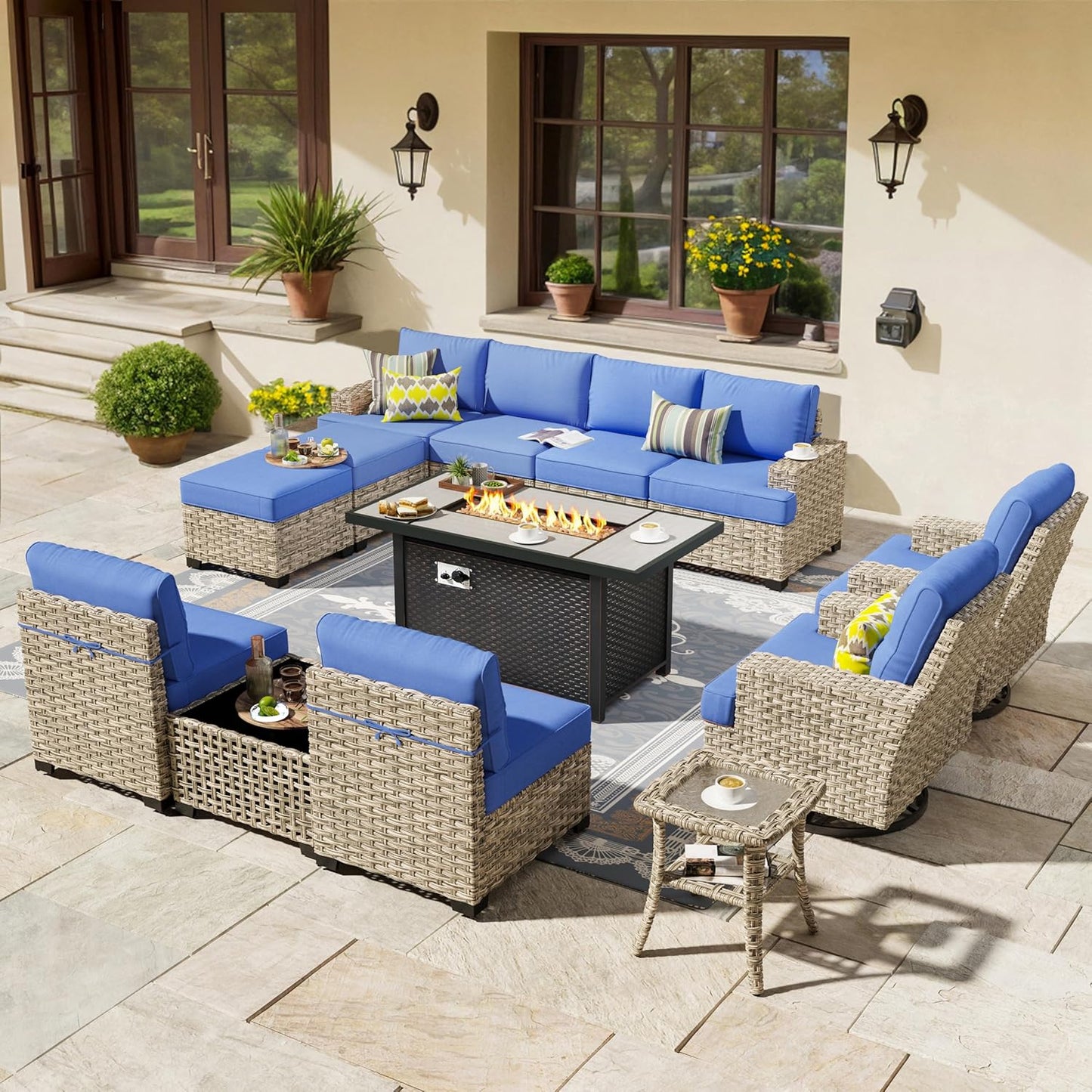 HOOOWOOO Outdoor Sectional Patio Furniture Set with Fire Pit Table,13 Pieces Wicker Conversation Sets L Shaped Couch,Extra Deep Out Door Sofa Outside Furniture with Swivel Chairs Ottomans,Navy Blue