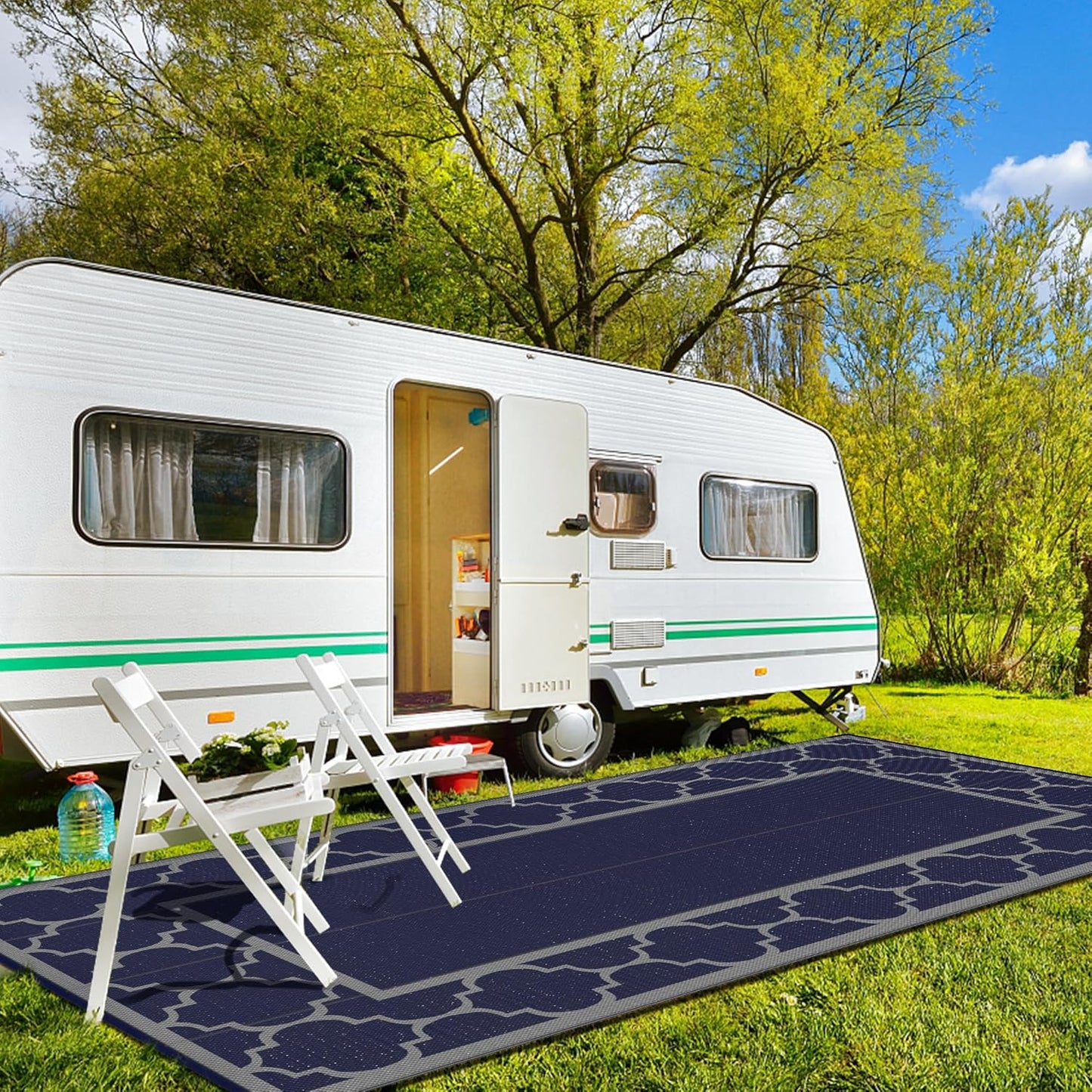 GENIMO 9 ' x 18 ' Outdoor Rug Waterproof for Patio Decor, Foldable Reversible Plastic Straw Area Rugs Mat for Camper, Outside Carpet for Rv, Deck, Porch, Picnic, Beach, Balcony, Blue & Grey