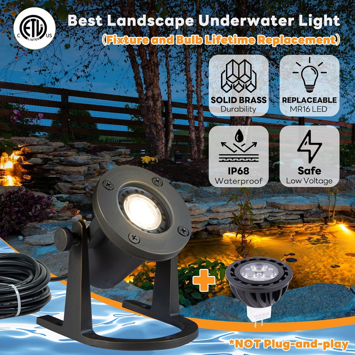 Solid Brass Underwater Pond Light - 12V Low Voltage IP68 Submersible Bronze Fixture, with 2700K MR16 LED for Outdoor Pond Fountain Waterfall Landscape Lighting(12 Pack)