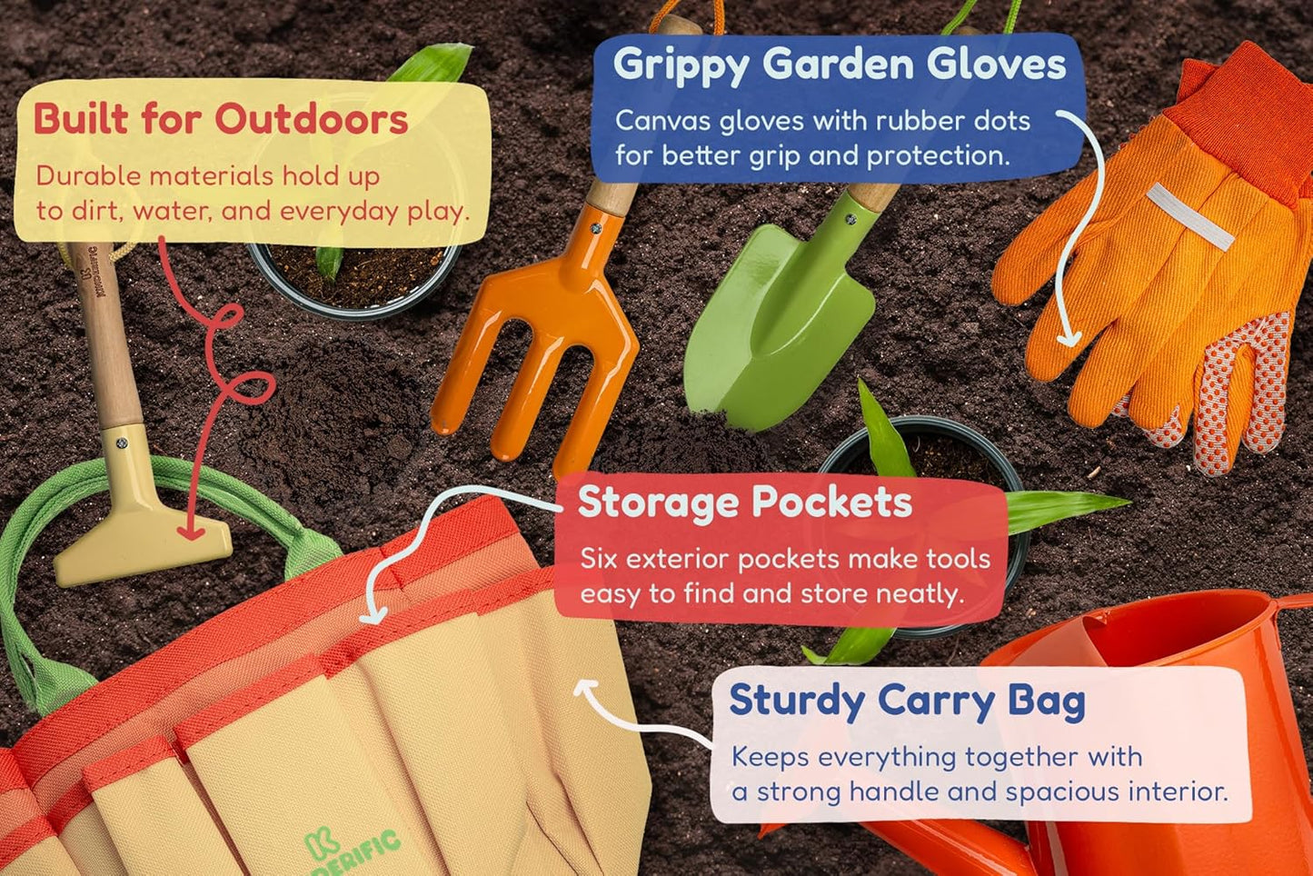 Gardening Set, Tool Kit, for Kids, STEM, Includes Tote Bag, Spade, Watering Can, Rake, Fork, Trowel and Gloves (Sunshine)