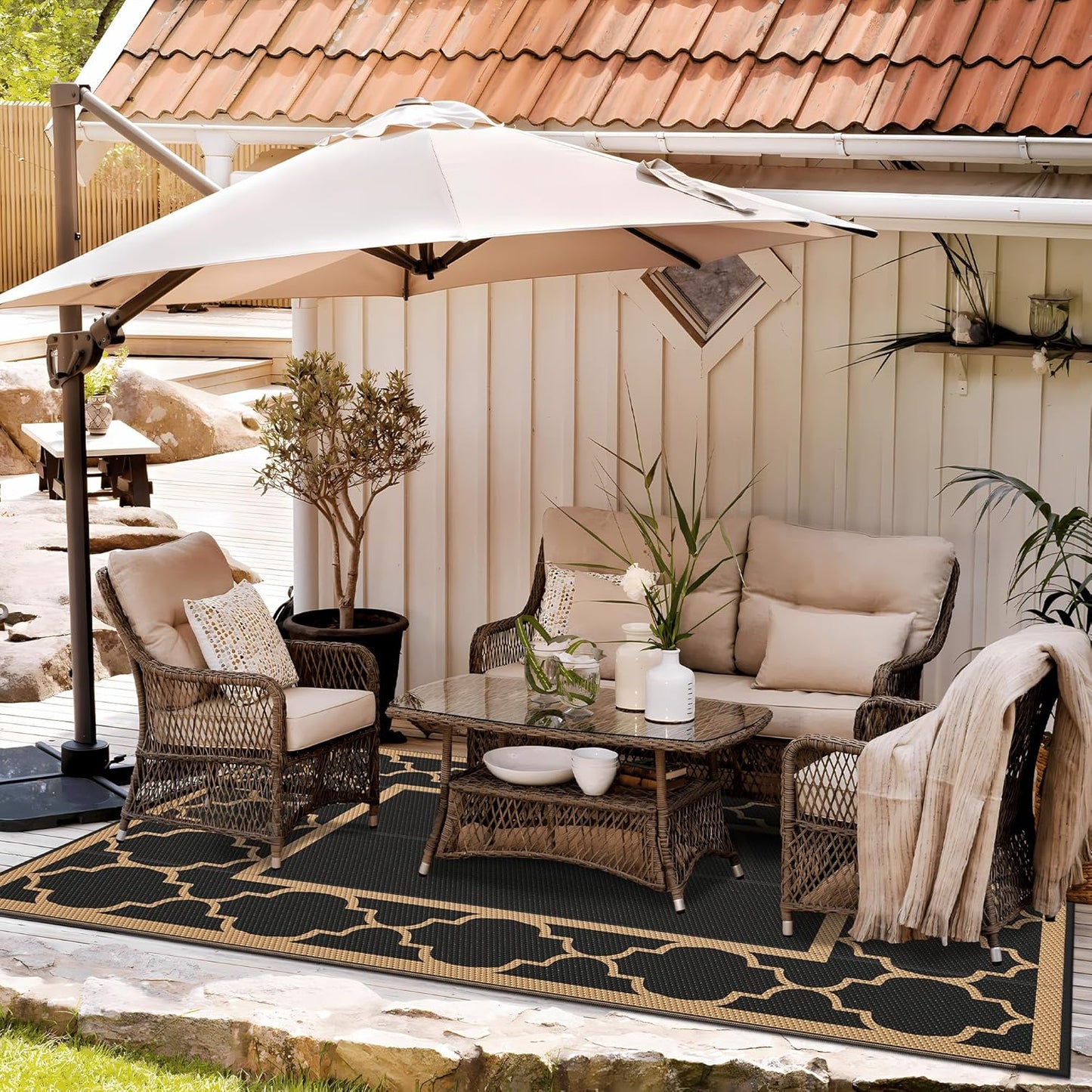 GENIMO 5' x 8' Outdoor Rug Waterproof for Patio Decor, Foldable Reversible Plastic Straw Area Rugs Mat for Camper, Outside Carpet for Rv, Deck, Porch, Picnic, Beach, Balcony, Black & Brown