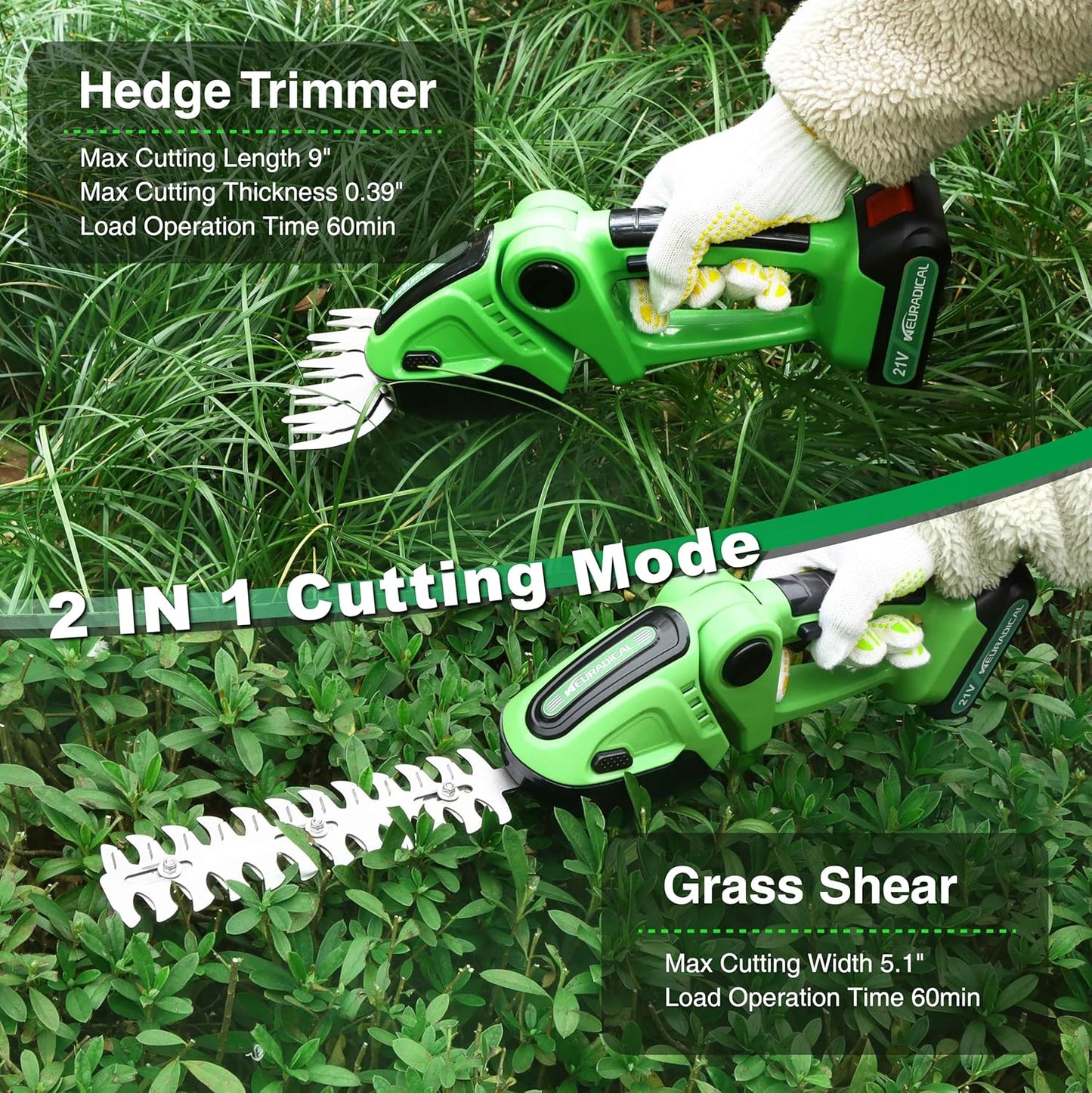21V Electric Cordless Hedge Trimmers with 2 Rechargeable Battery - Electric Bush Trimmer Cordless Grass Shears Handheld Grass Cutter, Shrubbery Trimmer Hedge Shear for Garden and Lawn