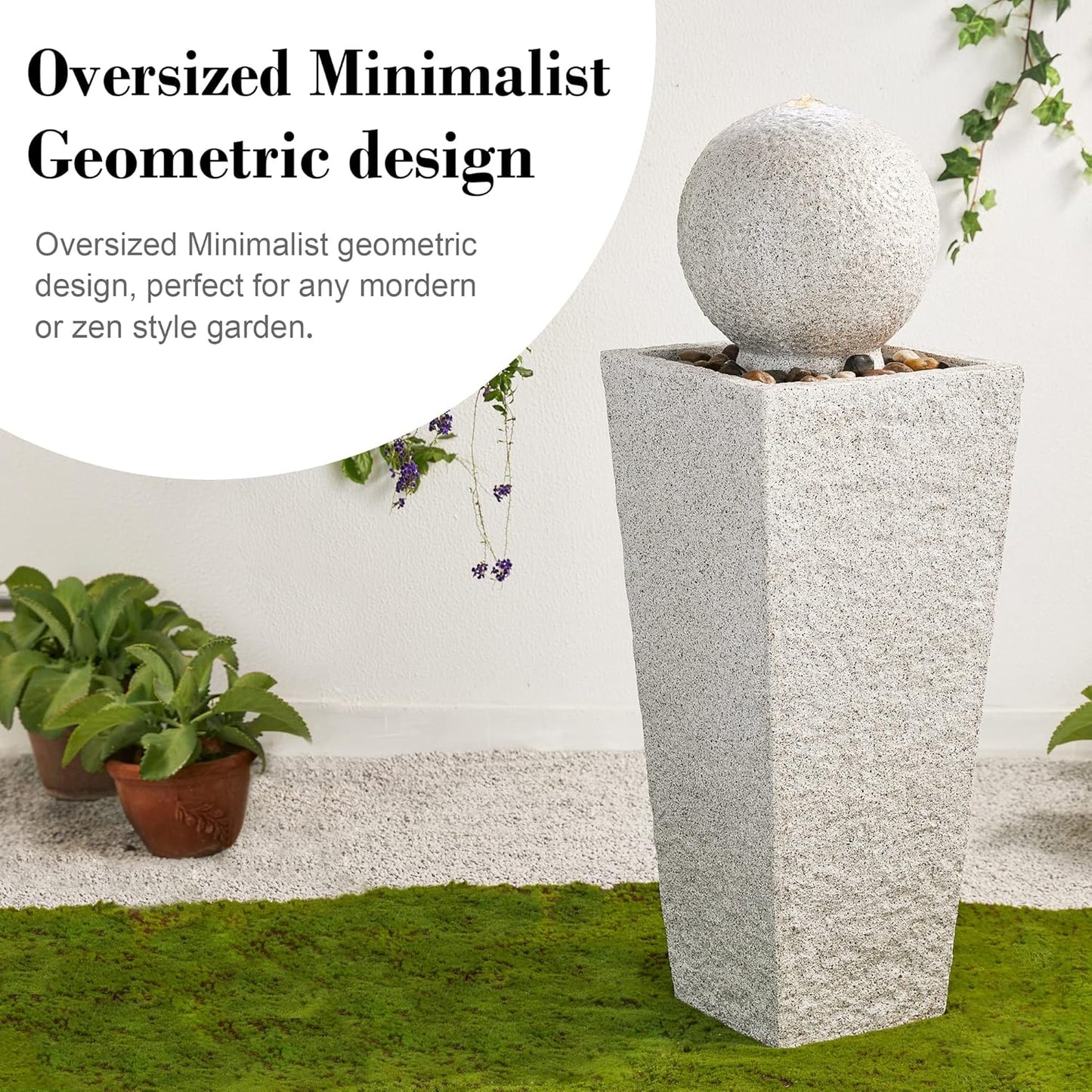 Glitzhome Outdoor Water Fountain with LED Light, Modern Oversized Sphere Pedestal Water Fountain with Submersible Pump, Modern Geometric Outdoor Fountains for Garden Patio Porch, 40.25" H