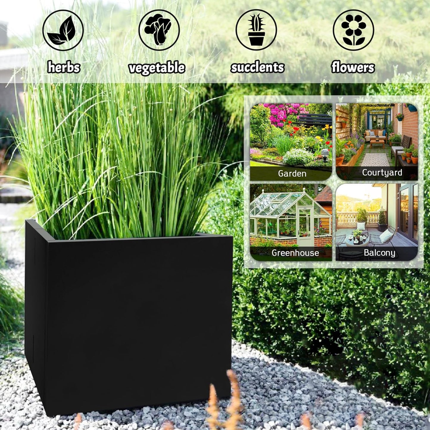Galvanized Steel Rectangular Planter, 16"x 12"x 12" Small Planters for Outdoor Plants, Black Outdoor Planter with Drainage Holes