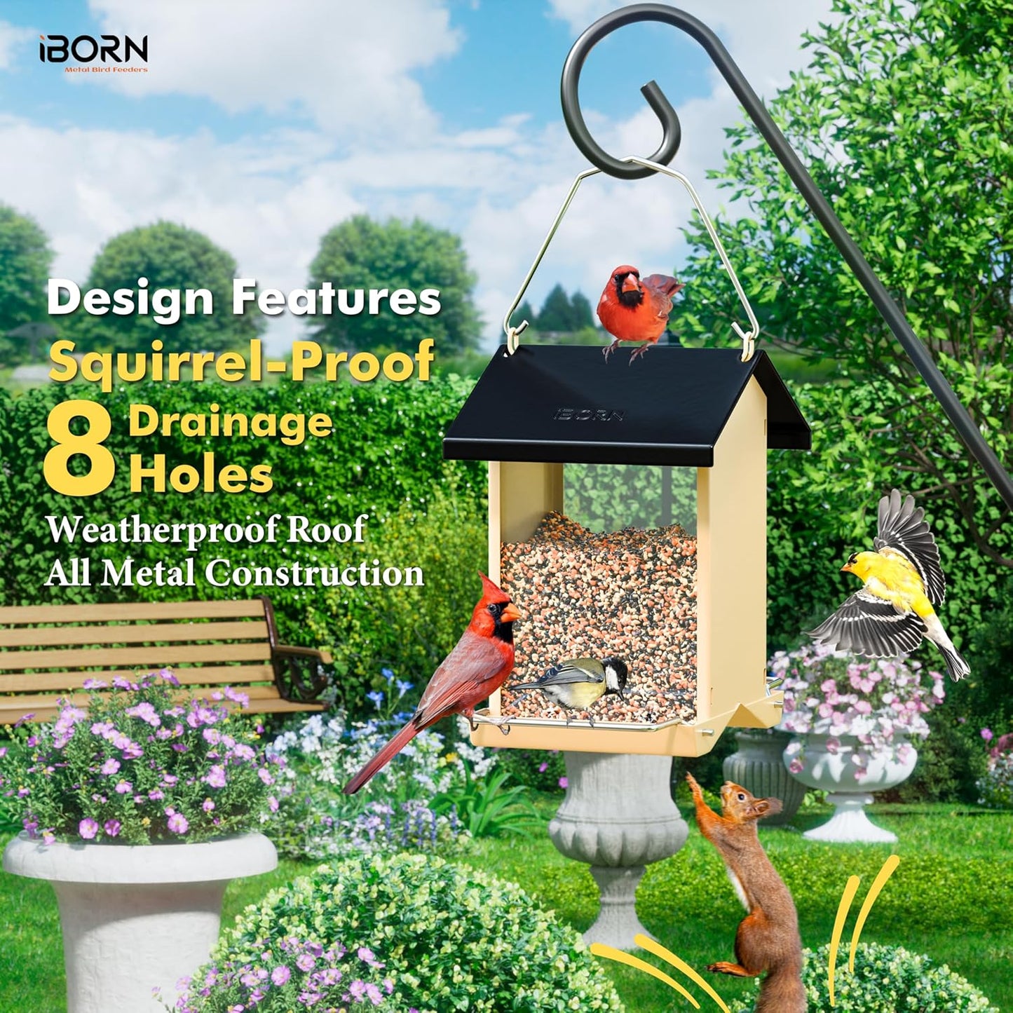 iBorn Bird Feeders for Outdoors,Bird House Feeder with Weatherproof Metal Roof & 8 Drain Holes,Fully Detachable Birdfeeder Design,Easy Clean & Refill,Chew-Proof PC Windows,1.5 Lbs Capacity,Black Roof