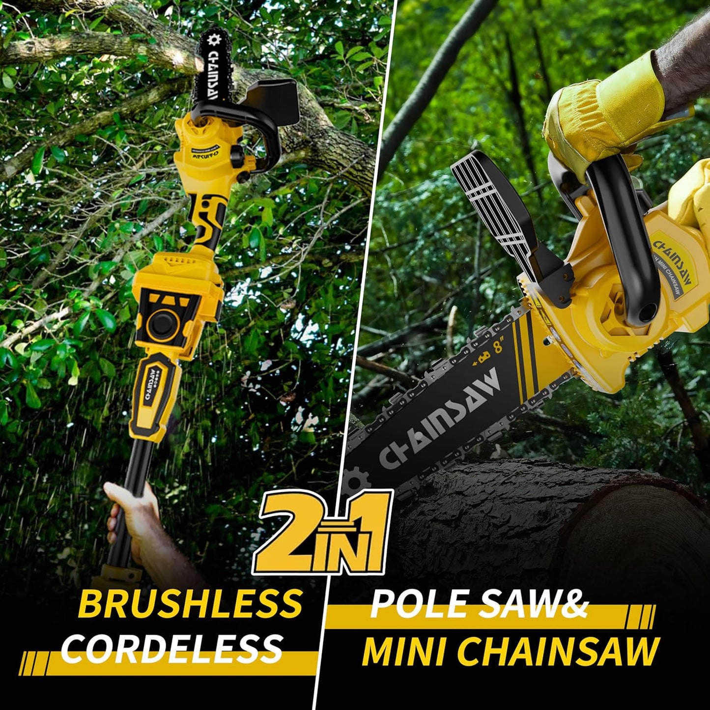 2-in-1 Cordless Pole Saw, 8 Inch Brushless Pole Chainsaws Compatibility with DEWALT 20V MAX Battery, 8 lb Lightweight, Auto Oiling, 14.8 FT MAX Extension Pole Saws for Tree Trimming(No Battery)