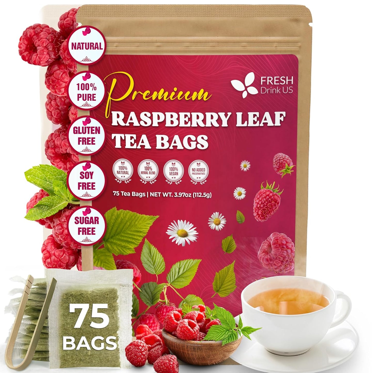 FreshDrinkUS, 75 Bags Premium Raspberry Leaf Teawith Chamomile Flavor, Eases Menstrual Cramps & Supports Healthy Pregnancy, Naturally, Caffeine-Free, Sugar Free, Vegan
