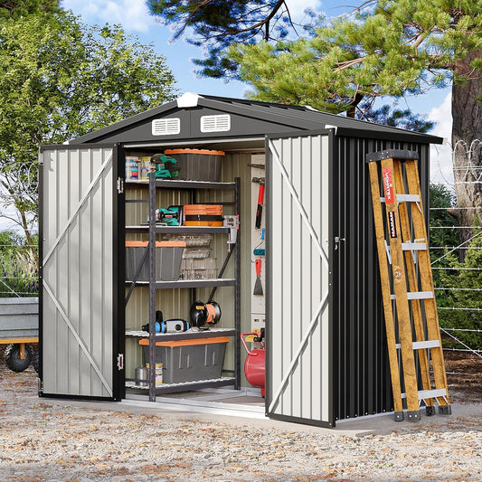 6x4 FT Outdoor Storage Shed with Base, Metal Garden Tool Shed with Sloping Roof & Lockable Door for Patio Lawn Backyard (Black with Base)