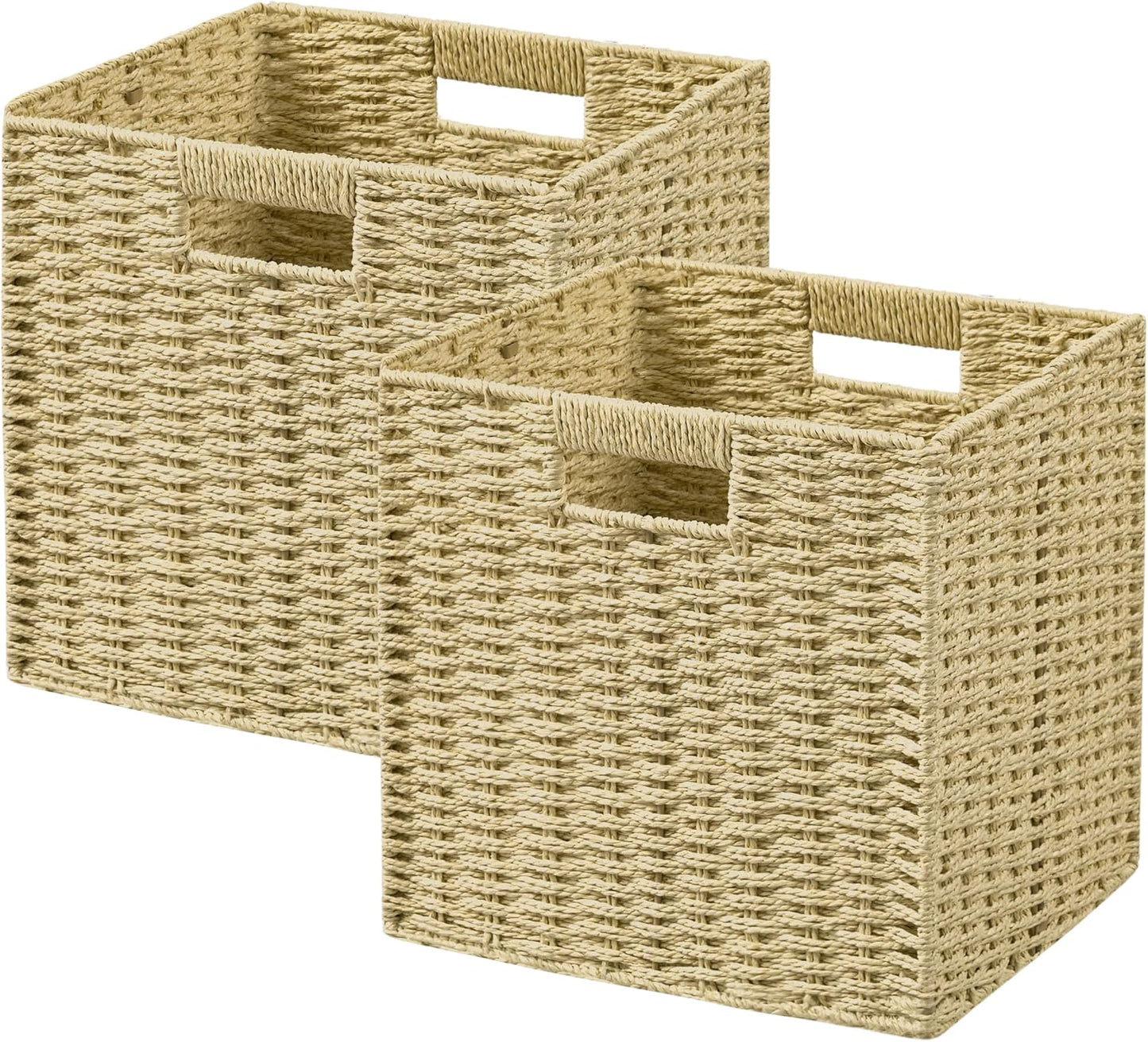 UBBCARE 2 Pack Wicker Basket,11L×11H×10.5W inch Woven Paper Rope Storage Baskets for Shelves, Foldable Cube Storage bin with Handle, Storage Basket for Organizing & Decor, Natural