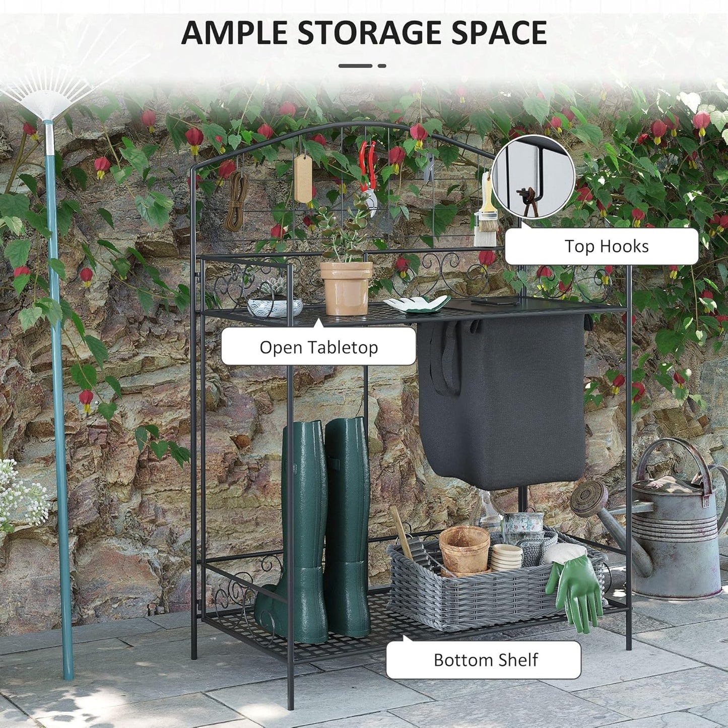 Outsunny Folding Potting Bench Table, Metal Garden Workstation, Work Bench with Large Build-in Bag with Cover, 5 Hanging Hooks & Storage Shelf, Flourishes