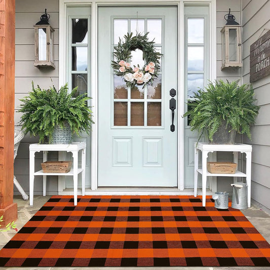 IOHOUZE Fall Buffalo Plaid Check Rug Outdoor Doormat 4x6 Ft Washable Woven Outdoor Indoor Welcome Mats for Front Door/Farmhouse/Entryway/Home Entrance Black and Orange Outdoor Rug