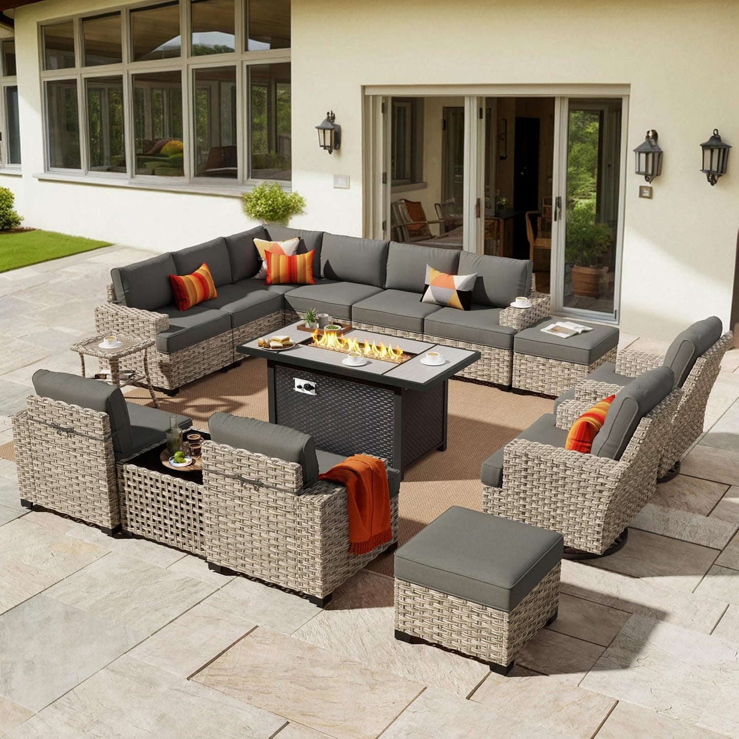 HOOOWOOO Outdoor Sectional Patio Furniture Set with Fire Pit Table,15 Pieces Wicker Conversation Sets L Shaped Couch,Extra Deep Out Door Sofa Outside Furniture with Swivel Chairs Ottomans,Black
