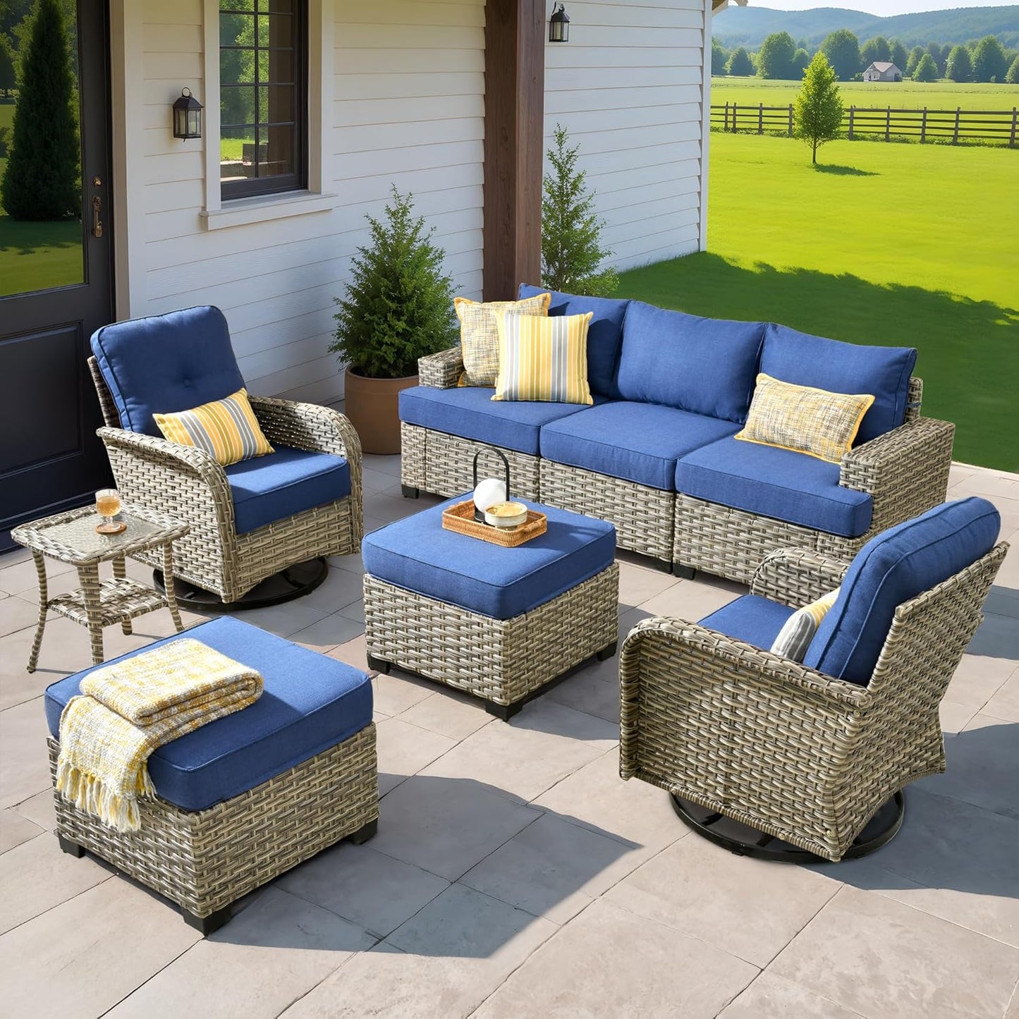 HOOOWOOO Outdoor Sectional Patio Furniture Set,8 Pieces Wicker Conversation Sets,Extra Deep Out Door Sofa Outside Furniture Couch with Swivel Chairs Ottoman,Denim Blue