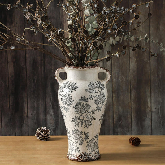 Enra Vintage vase with Handle,12.6 inch Blue and White Ceramic Decorative Flower vase, Chinoiserie Floral Vase,Large Rustic Vases for Home Decors, Living Room, Bookshelf, Office