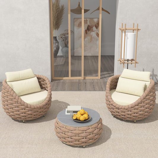 TWT 3 Pieces Aluminum Patio Furniture Set Quick Drying Textilene Rope Outdoor Sofa Set w/Washable Cushion and Rock Slab Tabletop, Conversation Furniture for Livingroom Poolside Balcony (Khaki)