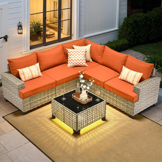 HOOOWOOO Outdoor Sectional Patio Furniture Set,6 Pieces Wicker Conversation Sets L Shaped Couch,Extra Deep Out Door Sofa Outside Furniture,Brick Red