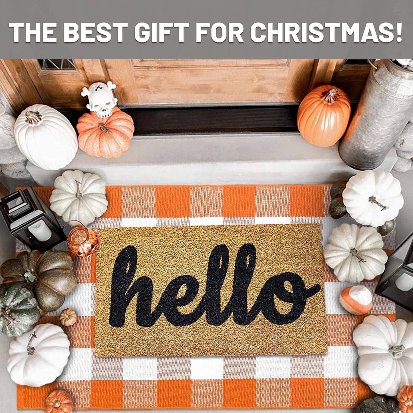 IOHOUZE Fall Buffalo Plaid Check Rug Outdoor Doormat 27.5 x 43 Inches Washable Woven Porch Decor Welcome Mats for Front Door/Farmhouse/Entryway/Home Entrance Orange and White Outdoor Rug