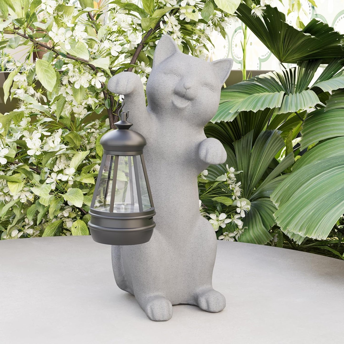 Garden Decoration, Figurine, Lawn Statue, Sculpture Ornament, Animal Figurine - Cat Resin Statue with Lantern (Hand)