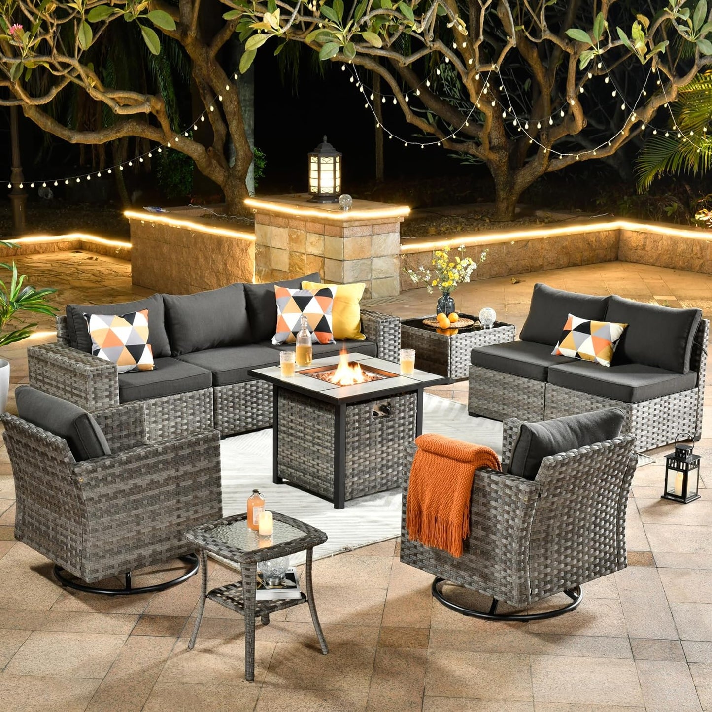 HOOOWOOO 10 Piece Modular Patio Outdoor Sectional Furniture Set with Gas Propane Fire Pit Table,Wicker Conversation Sofa Set with Swivel Chairs,Outside Couch Set(Black)