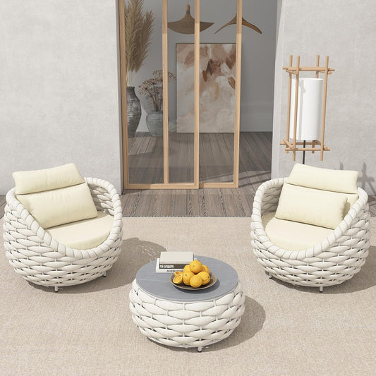 TWT Outdoor 3-Piece Conversation Set Rust Free Patio Furniture Set Already Assembled Compact-Weave Rope Olefin Modern Sofa Seating with Thick & Washable Cushions for Indoor, Backyard, Balcony, Cream