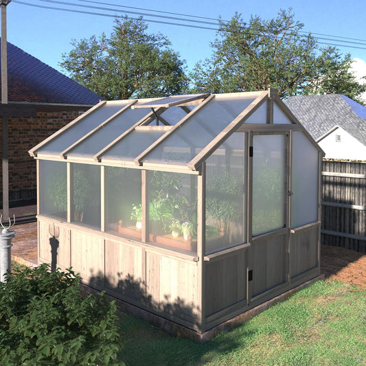 MUPATER 8' x 8' Wooden Polycarbonate Greenhouse with Ventilated Window & Lockable Door, 6mm Polycarbonate Panels for UV Protection, Walk-in Greenhouse for Outdoors, Patio, Backyard, Brown