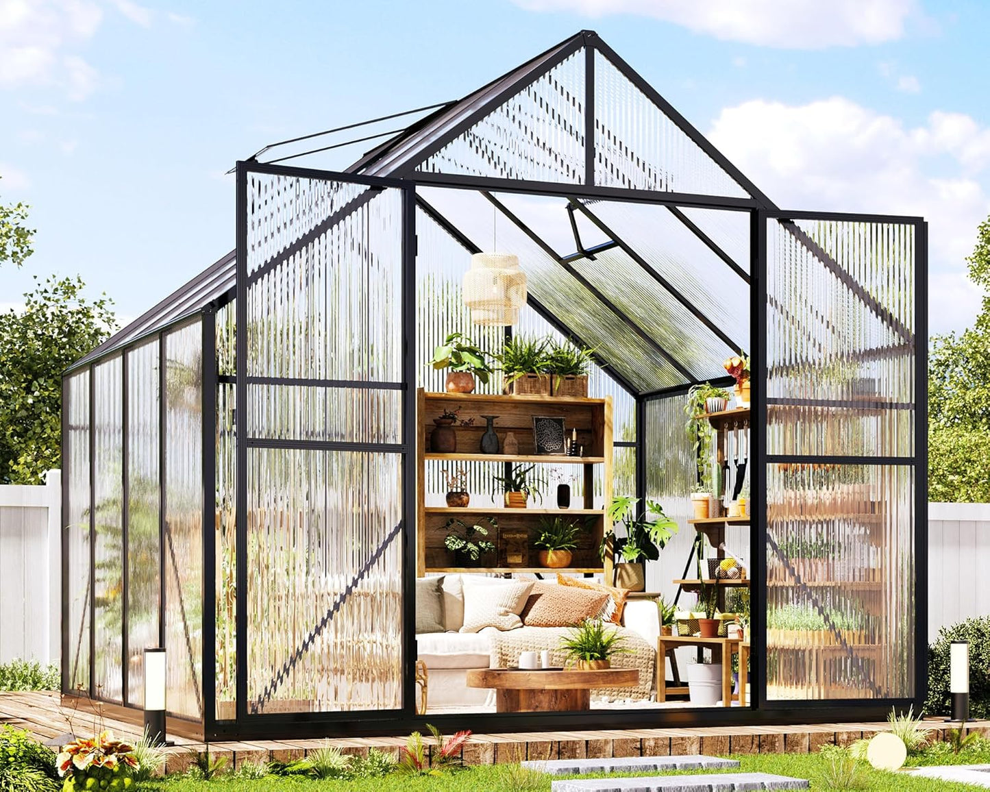 Jocisland 8x8x7 FT Polycarbonate Greenhouse for Outdoors with 2 Windows, Dual Swing Doors, Aluminum Walk-in Frame, Heavy Duty Garden Greenhouse for Backyard, Black