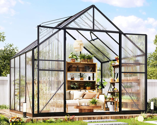 Jocisland 8x8x7 FT Polycarbonate Greenhouse for Outdoors with 2 Windows, Dual Swing Doors, Aluminum Walk-in Frame, Heavy Duty Garden Greenhouse for Backyard, Black