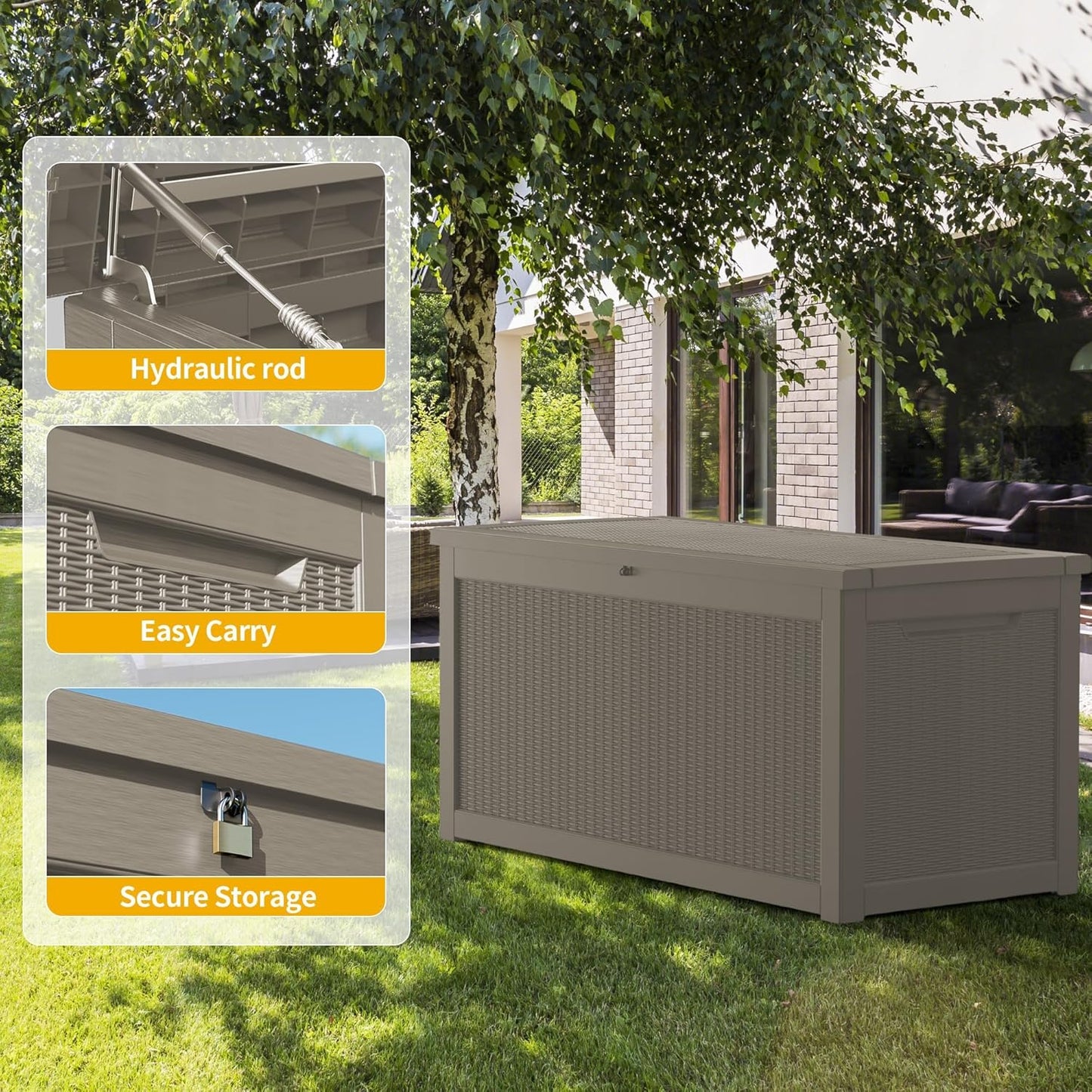 320 Gallon Lockable Resin Deck Box, Waterproof & UV-Resistant Outdoor Storage Box for Outdoor Cushion Storage, Garden Tools & Pool Accessories Storage, Gray