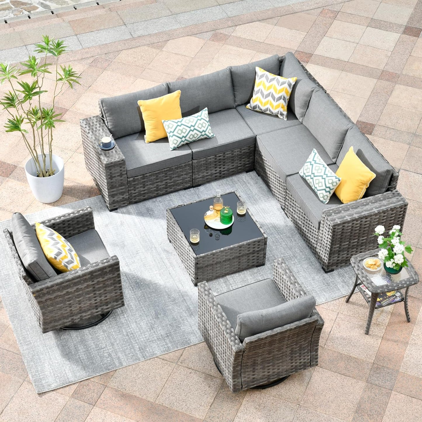HOOOWOOO 9 Piece Modular Patio Outdoor Sectional Furniture Set with Swivel Rocking Chairs,Wicker Conversation Sofa Set,Outside Couch Set with Wide Arm(Dark Grey)