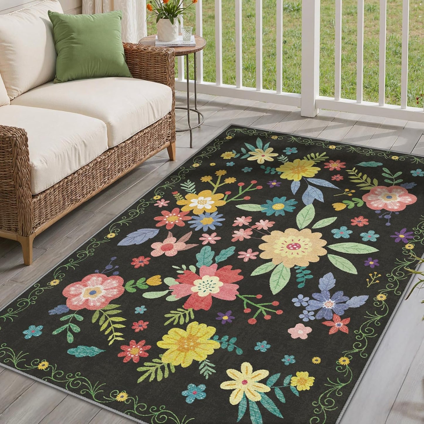 GENIMO Indoor Outdoor Area Rug 4' X 6' Waterproof, Washable Patio Rug Non Shedding, Easy Cleaning Floral Outdoor Carpet for Living Room, Bedroom, Dining Room, Balcony, Backyard, Deck, RV, Black