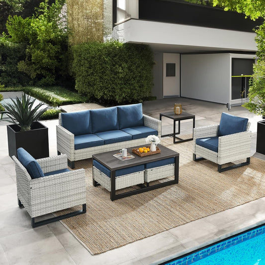 HUMMUH 7 Piece Patio Furniture All Weather Wicker Outdoor Sectional Sofa with Side Table,High Back Patio Chairs,Coffee Table and Ottomans Set for Porch,Garden,Backyard
