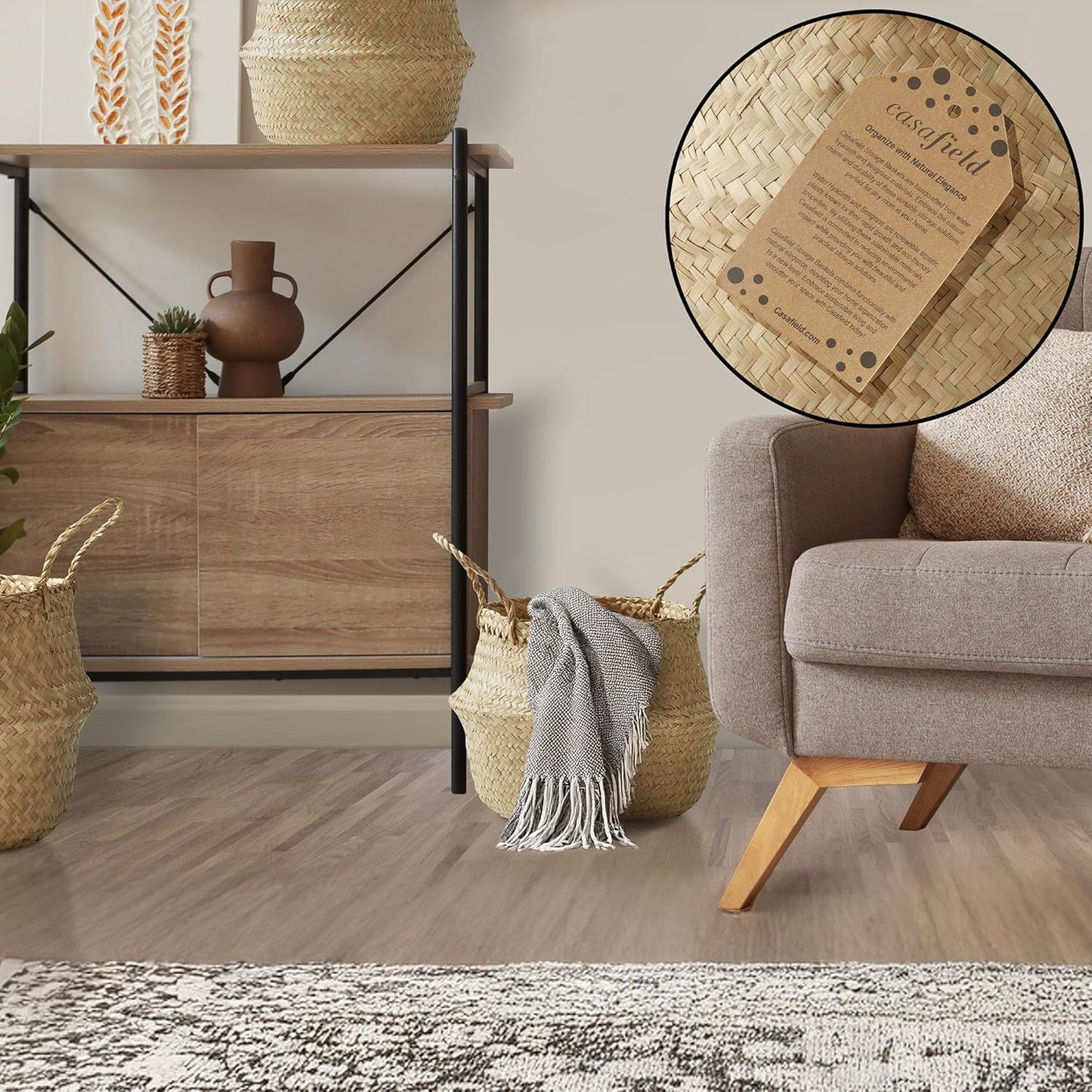 Casafield Seagrass Belly Storage Basket Planter with Handles - Medium, Natural Woven Wicker Indoor Plant Pot Cover for Plants and Trees