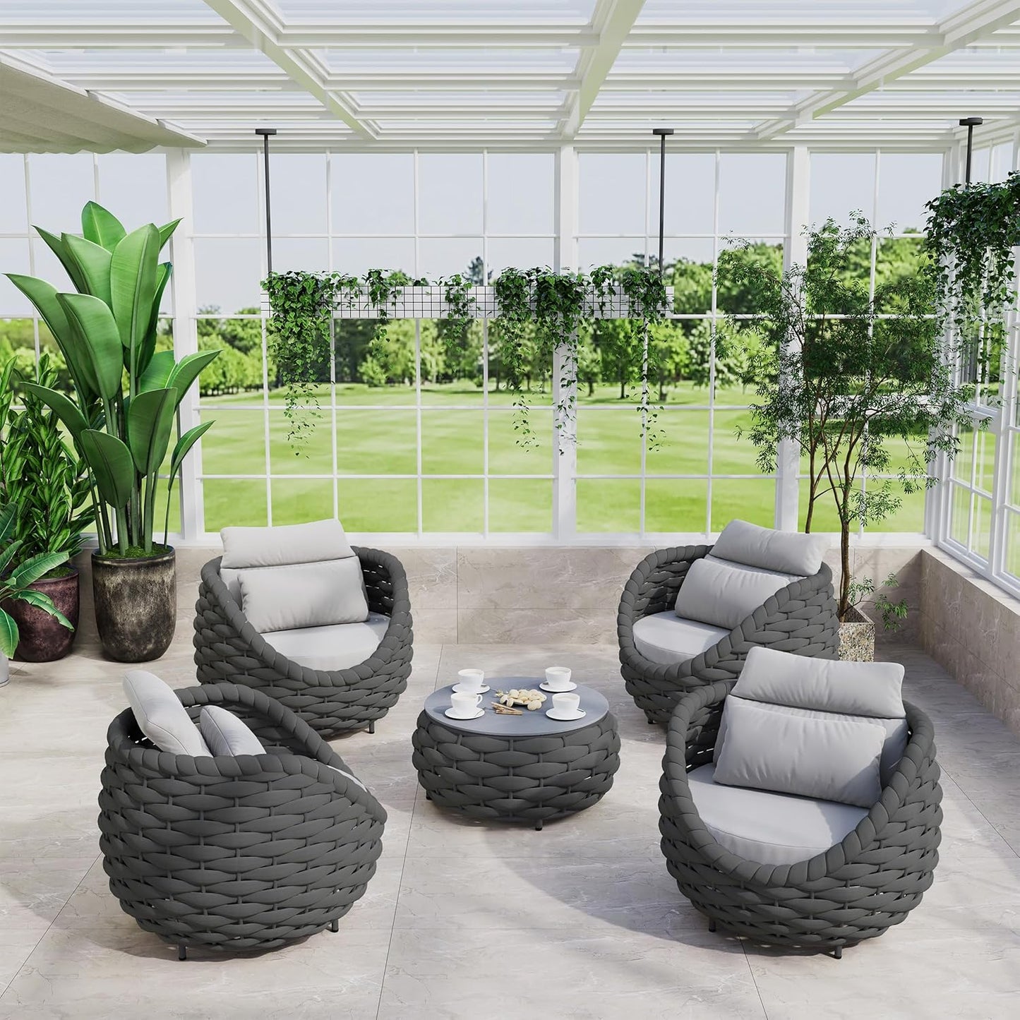 Front Porch Furniture Set: 5 Pieces Woven Rope Patio Conversation Set Aluminum - All Weather Cushioned Outdoor Sofa Set Assembled - Metal Modern Couch Set for 400lbs Deck Garden Poolside Hotel