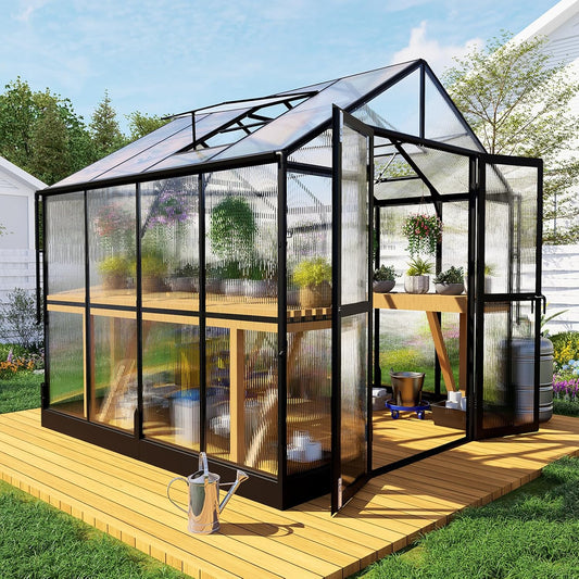 HOWE 8x8x7.5 FT Aluminum Greenhouses for Outdoors,Polycarbonate Greenhouse with 2 Vents Lockable Swing Door Rain Gutter,Walk-in Greenhouse for Backyard Plants, Black