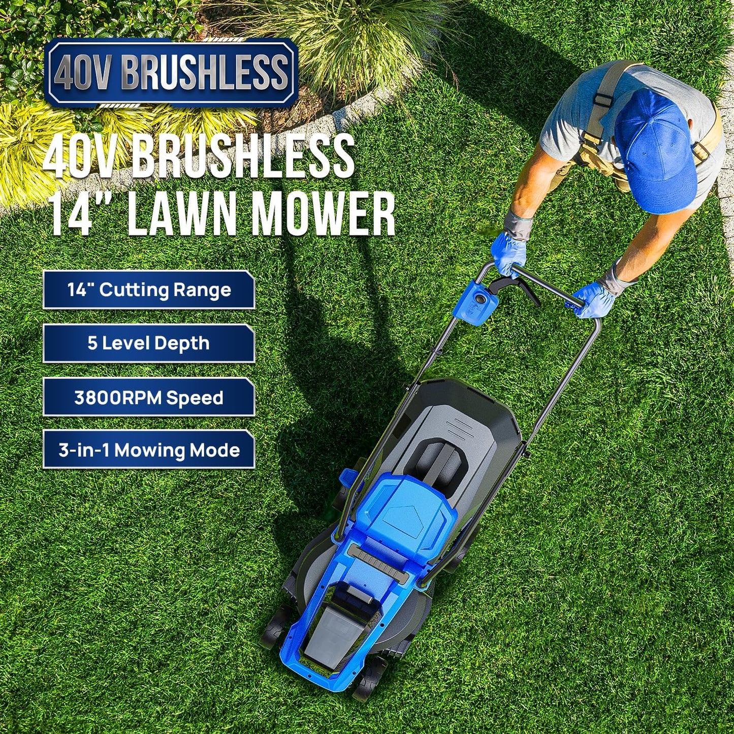 Wild Badger Power Electric Lawn Mower 40V Brushless 14" Cordless&Push, 5 Cutting Height Adjustment, 4Ah Battery and Super Charger, Blue