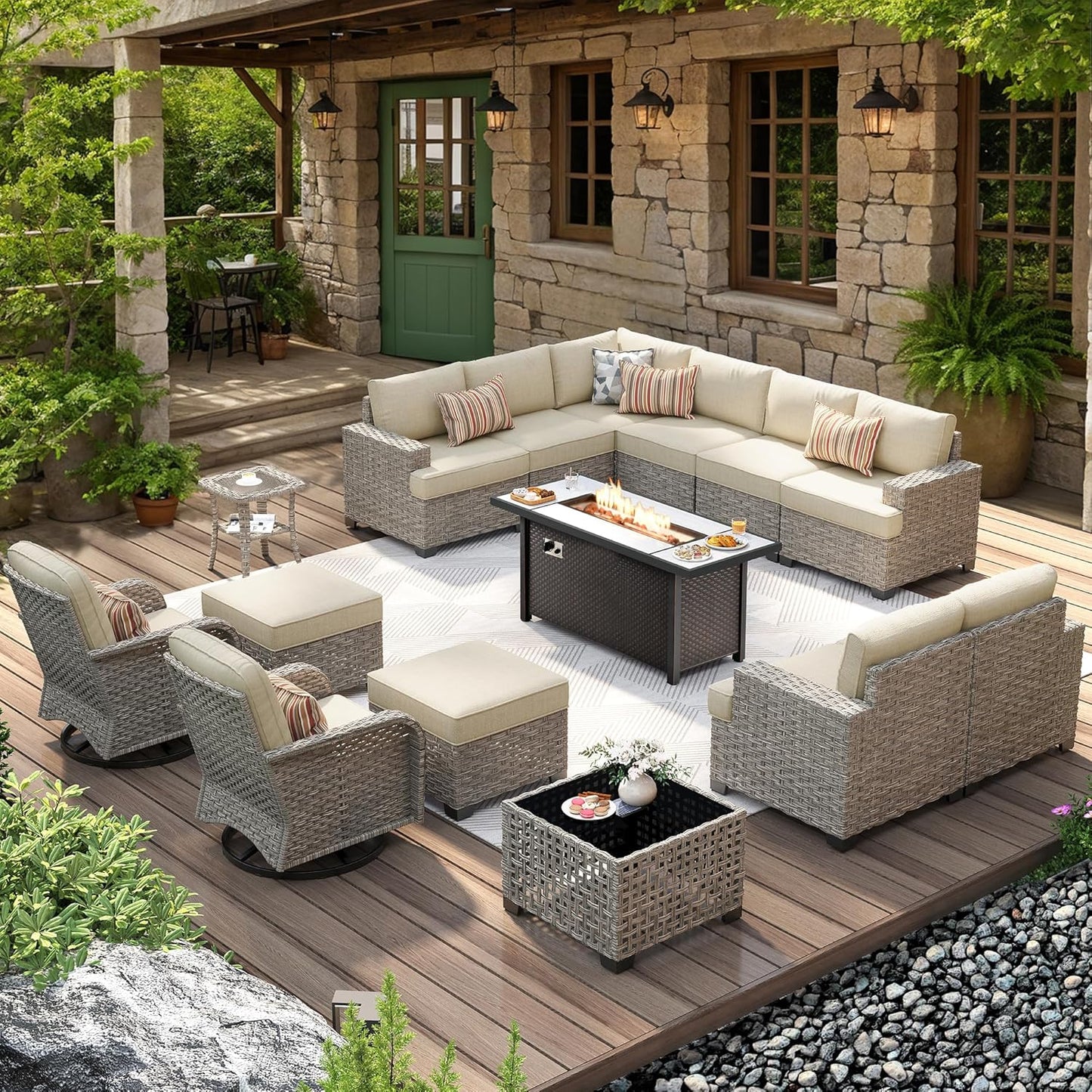 HOOOWOOO Outdoor Sectional Patio Furniture Set with Fire Pit Table,15 Pieces Wicker Conversation Sets L Shaped Couch,Extra Deep Out Door Sofa Outside Furniture with Swivel Chairs Ottomans,Beige