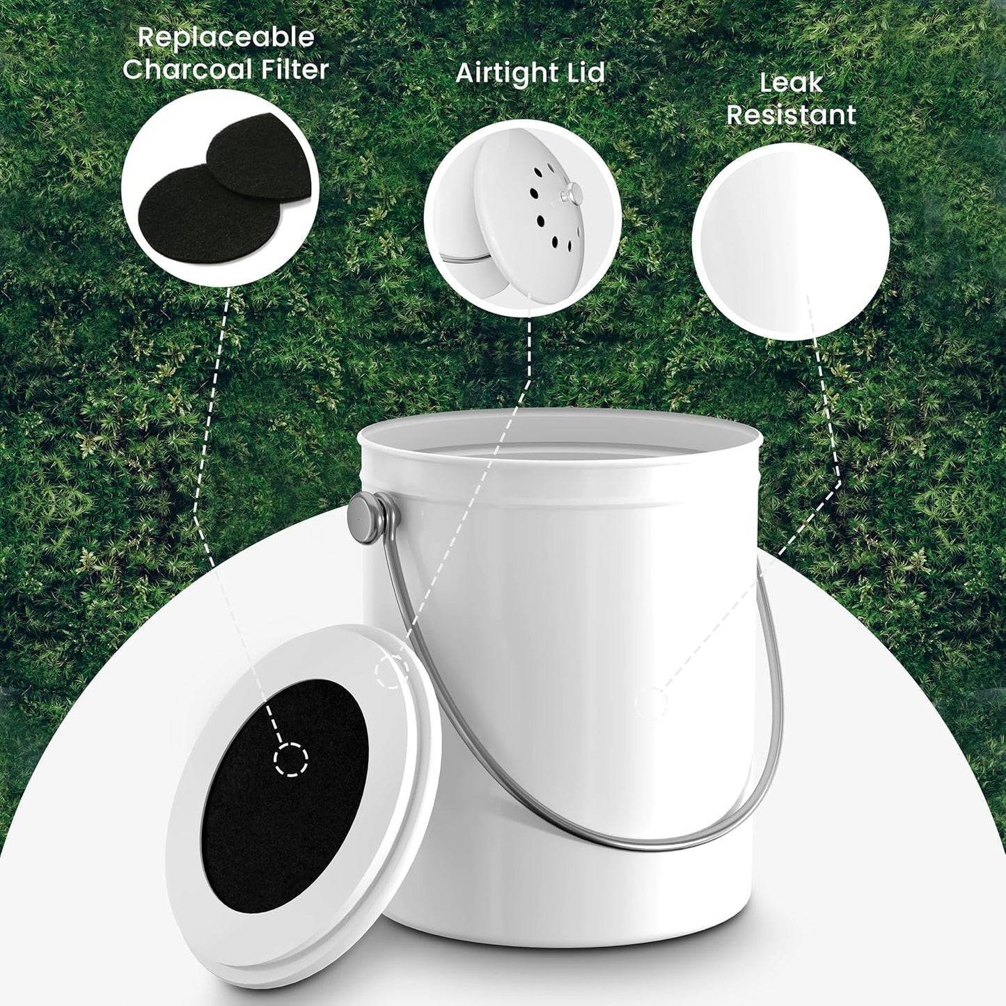 Utopia Kitchen Compost Bin for Kitchen Countertop, 1.3 Gallon Compost Bucket for Kitchen with Lid, Includes 1 Spare Charcoal Filter (White)