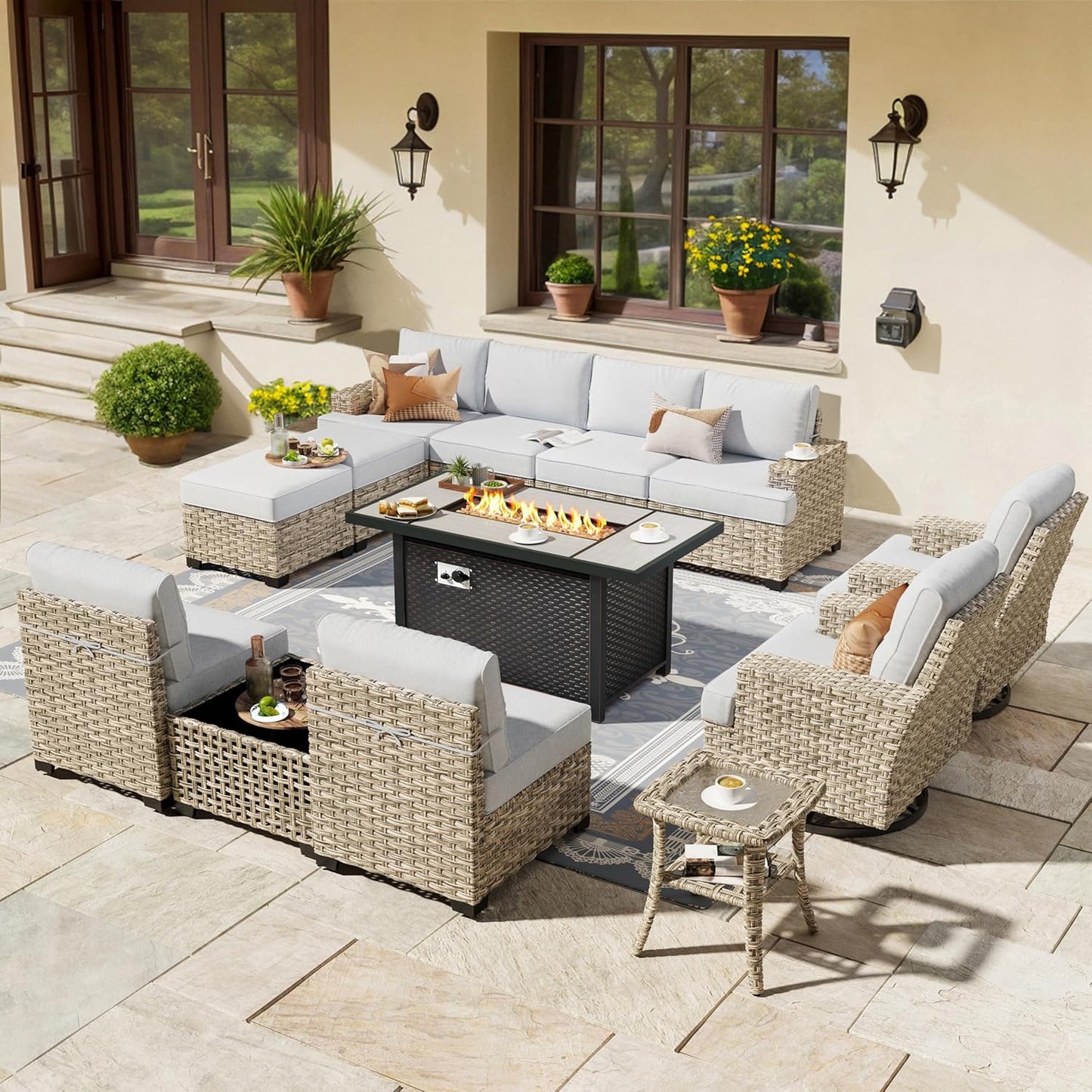 HOOOWOOO Outdoor Sectional Patio Furniture Set with Fire Pit Table,13 Pieces Wicker Conversation Sets L Shaped Couch,Extra Deep Out Door Sofa Outside Furniture with Swivel Chairs Ottomans,Light Gray