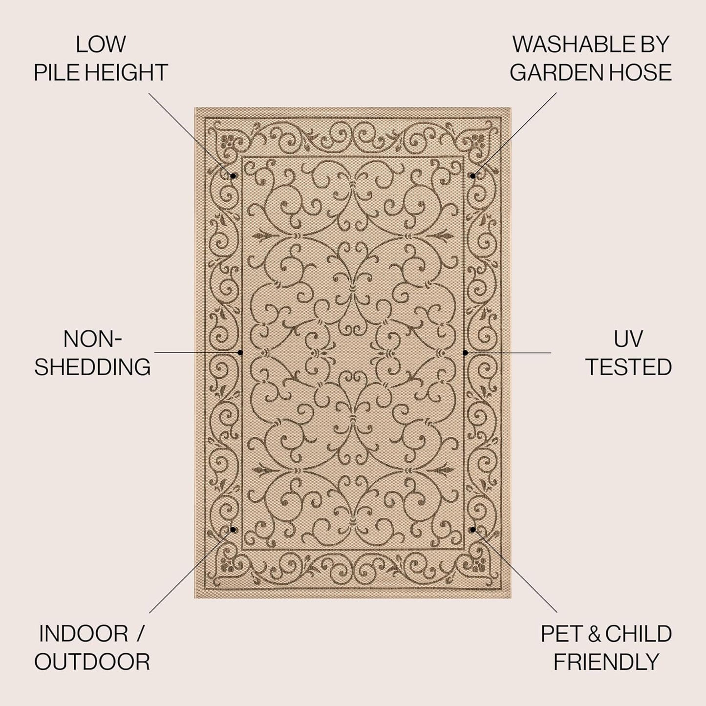 JONATHAN Y SMB106A-6SQ Charleston Vintage Filigree Textured Weave Beige/Brown 6' Square Indoor/Outdoor Area Rug, Pet Friendly, Non-Shedding, Stain Resistant, Easy-Cleaning for Backyard, Patio, Porch
