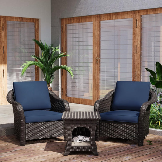 Patio PE Rattan Chairs Set of 2 with Cat Nest End Table, All-Weather & Steel Frame Outdoor Conversation Furniture Set with Washable Cushions for Garden, Bistro, Deck, Yard (Navy Blue)