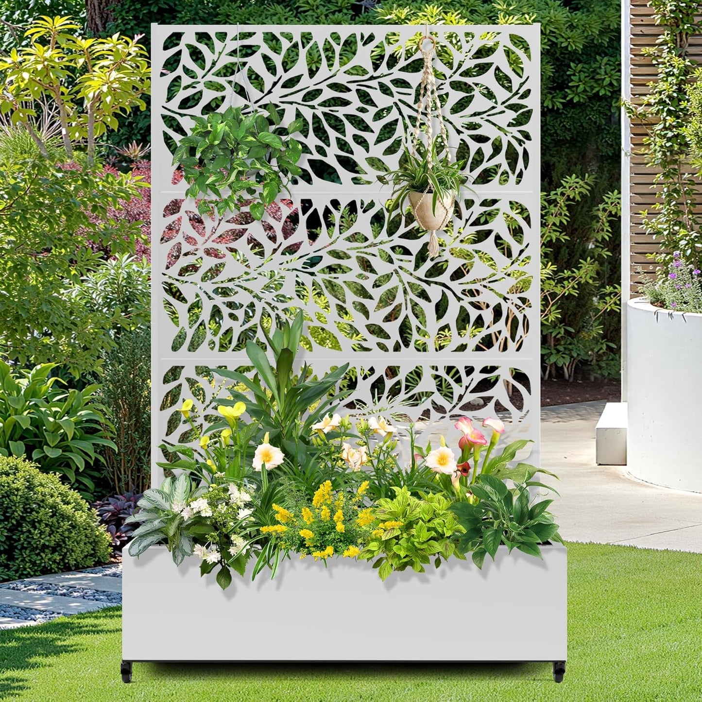 FENCY Metal Raised Garden Bed with Wheels and Trellis,73"x47"x16" Planter Box for Climbing Plants, Vegetables & Vines, Features Privacy Screen and Drainage Holes (White-Leaf-2)